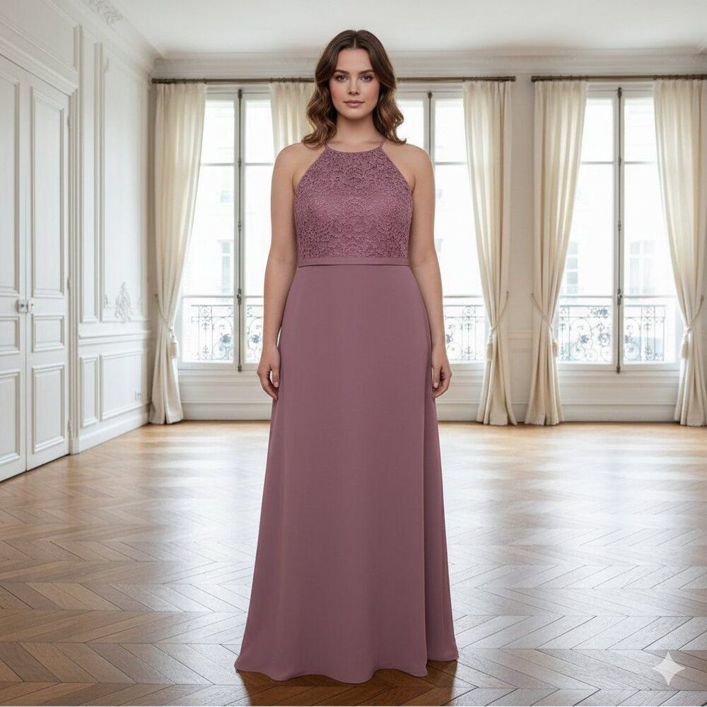 David's Bridal Mauve Lace Halter Maxi Gown – Size 24 Plus